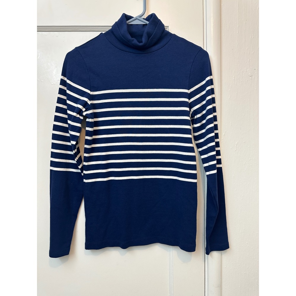 J.Crew Perfect Fit Turtleneck Top Navy Blue White Striped Cotton Long Sleeve M